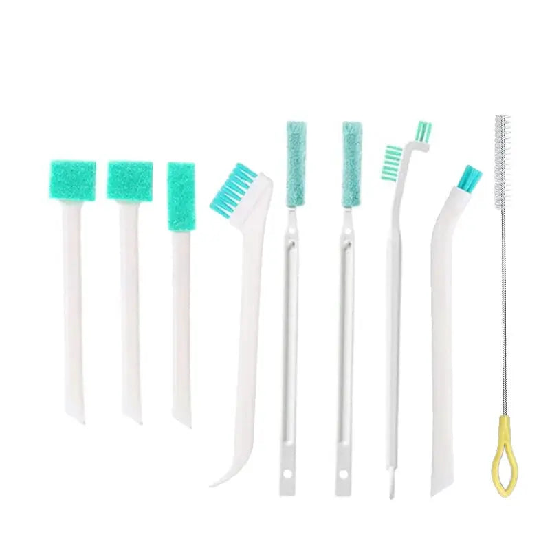 9-piece Simples Market cleaning brush set for bottles, windows and crevices with turquoise bristles.