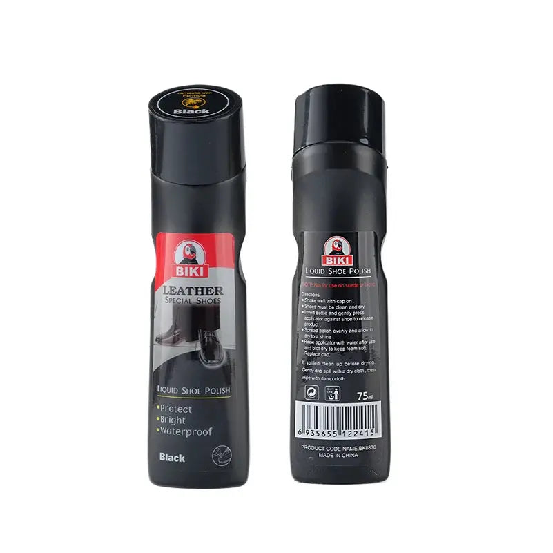 Leather liquid shoe polish by BIKI for black leather, two bottles.