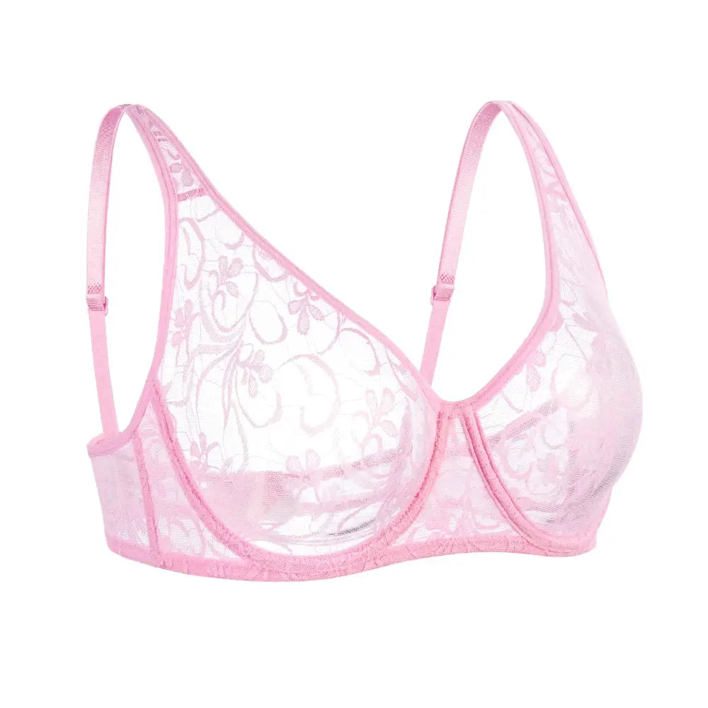 Plus size pink lace underwire bra with floral embroidery and sheer mesh cups, adjustable straps