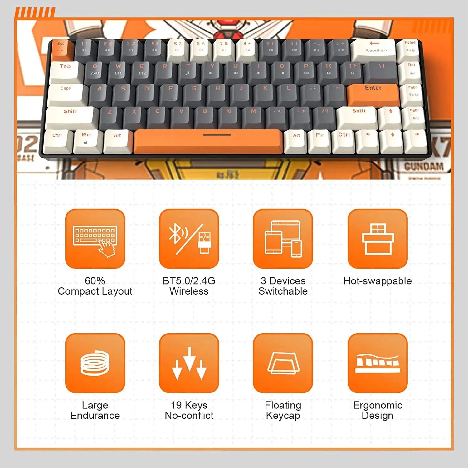 RK68 60% wireless mechanical keyboard by Simples Market; orange/gray keycaps, hot-swappable, Bluetooth 5.0/2.4G
