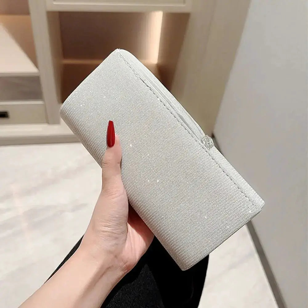 Sequin evening clutch, silver glitter fabric, rectangular banquet bag for weddings and parties