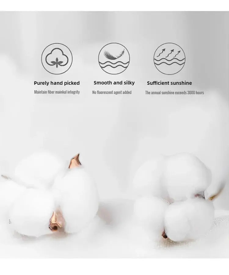 Cotton bolls on white background with three circular care icons above.