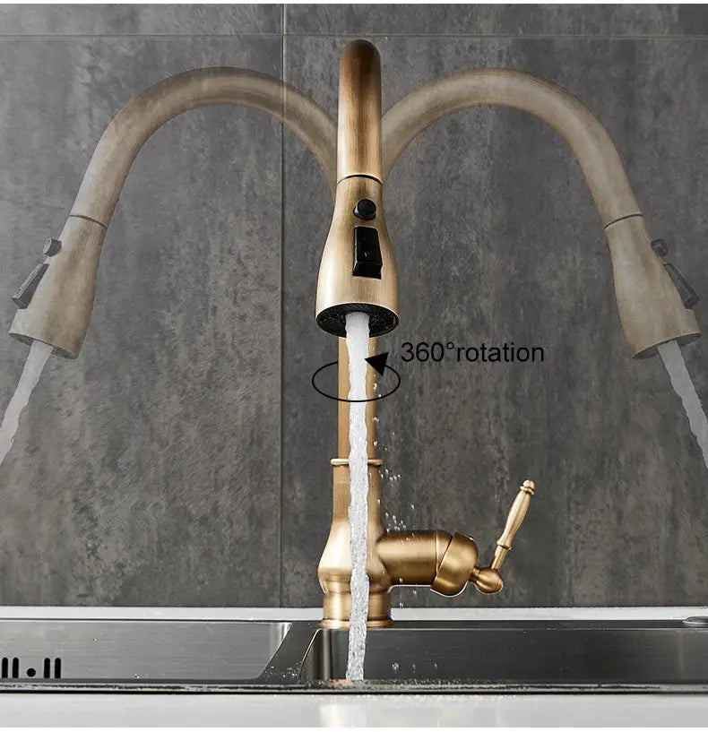 Kitchen faucet EL9021 by Simples Market, antique bronze pull-out with sprayer, 360° rotation