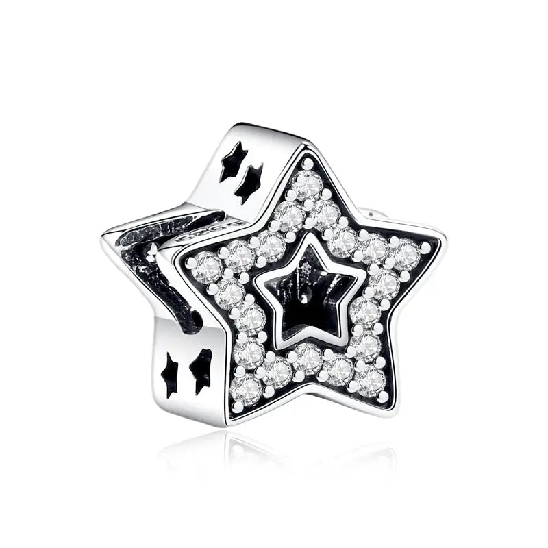 Sterling silver star charm bead with zircon pavé and inner star detail for bracelets