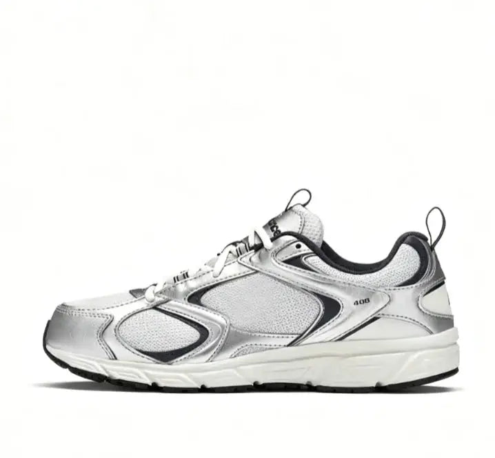 Unisex low-top running shoes in white-silver with black accents, Simples Market 408
