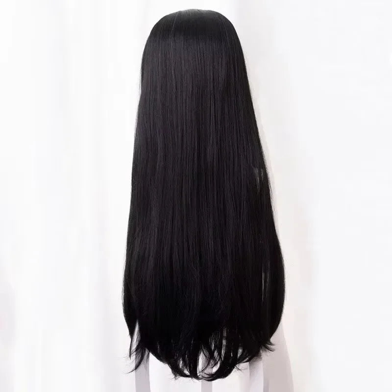 Kochou Kanae cosplay wig, black long straight synthetic hair, heat resistant