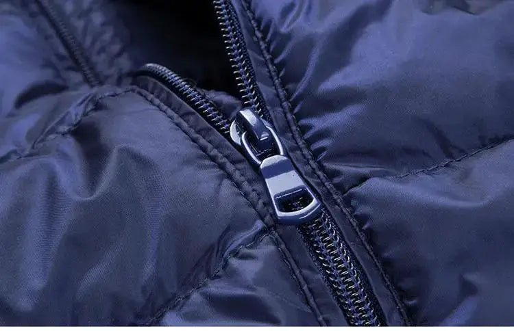 UETEEY men's down jacket navy blue with front zipper detail.