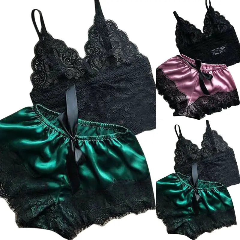 LaceLuxe Womens Lace Sleepwear Set Delicate Lace Top With Satin Shorts Babydoll Nightwear Comfort