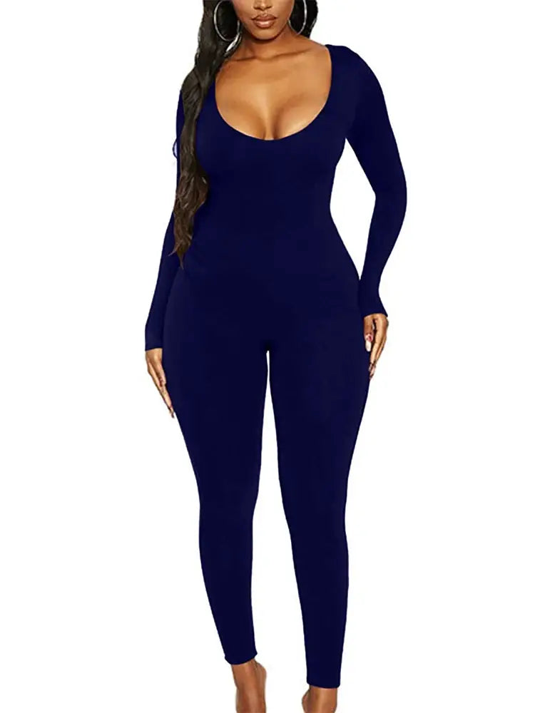 Women's navy blue long-sleeve skinny jumpsuit with scoop neckline