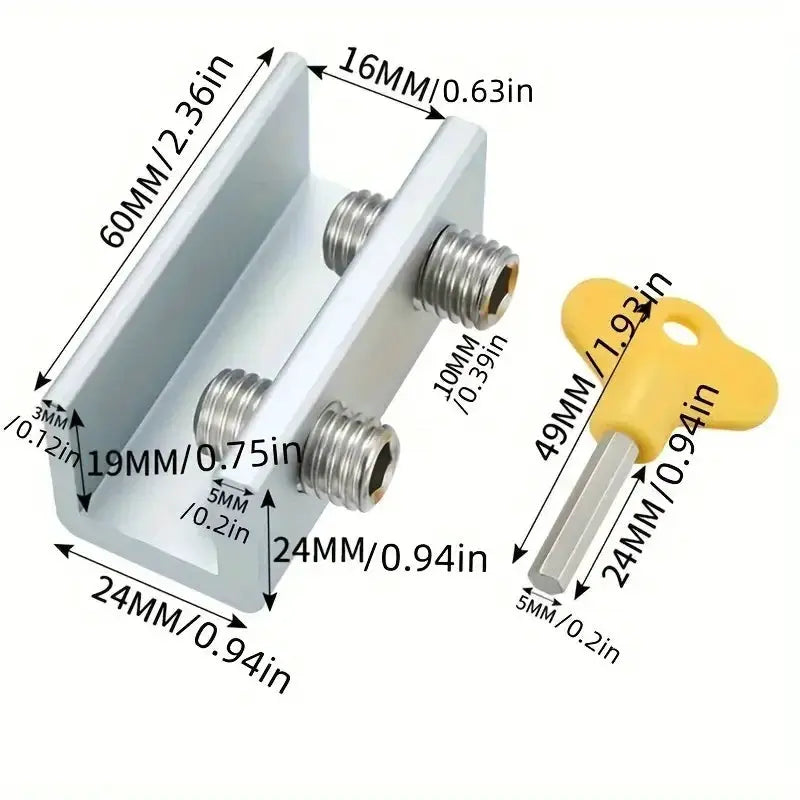 Sliding sash stopper cabinet lock set in silver with four threaded bolts and a yellow key tool for child safety doors