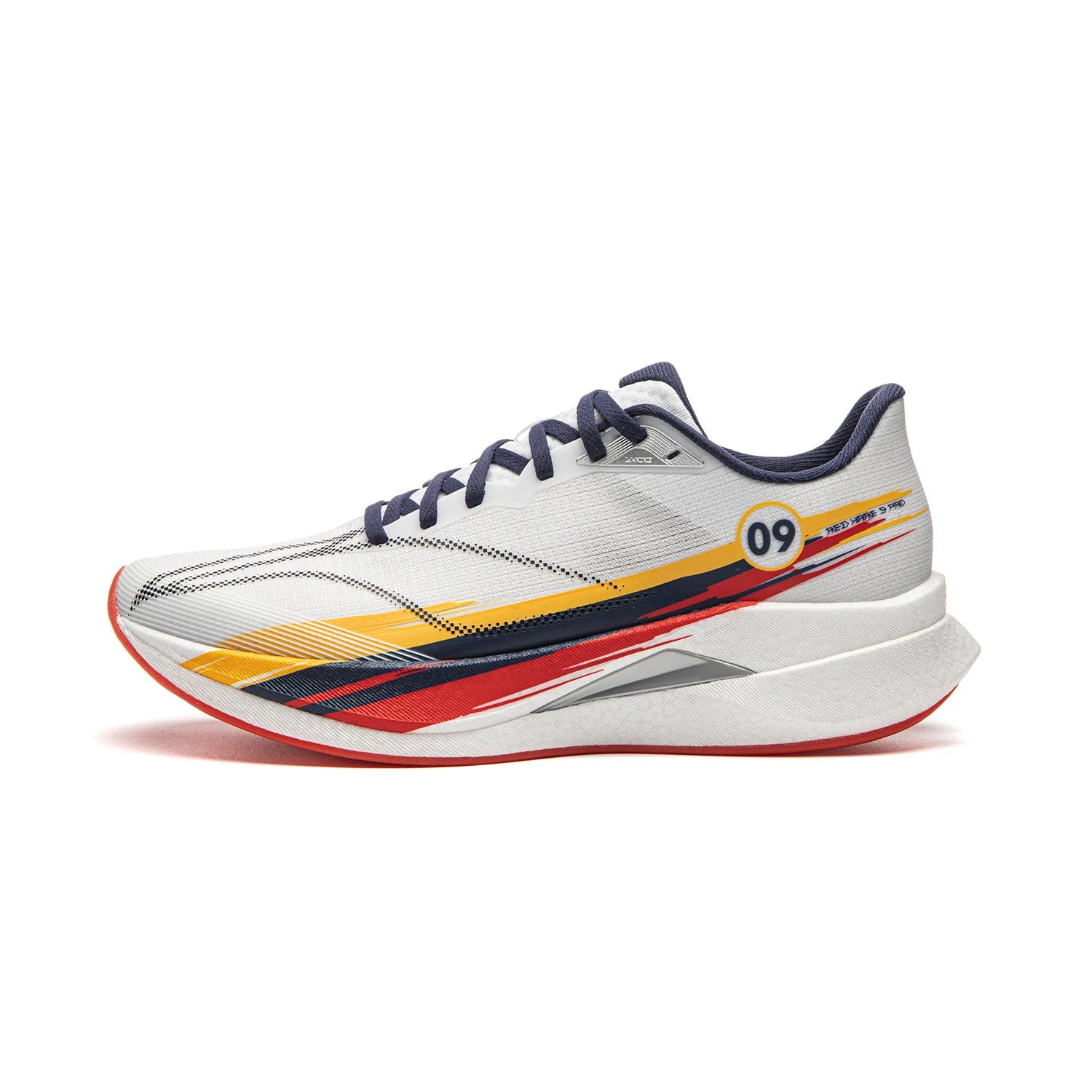 Li-Ning Red Hare 9 Pro racing running shoe with white mesh upper, dark blue laces, and yellow/red graphic stripes