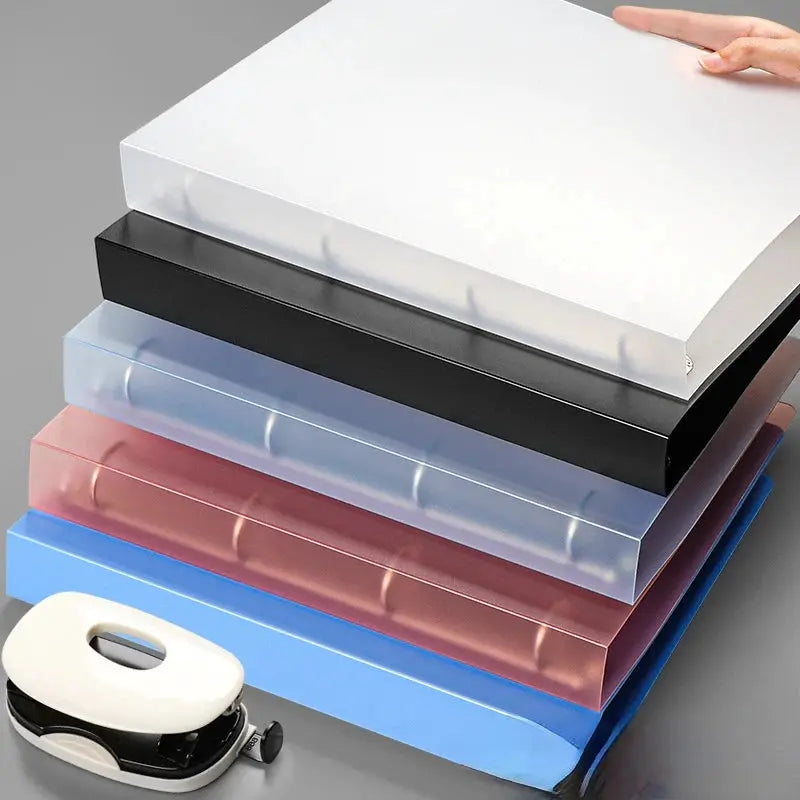 A4 4-hole D-type binder folders set in assorted translucent PP colors (white, black, blue, pink)