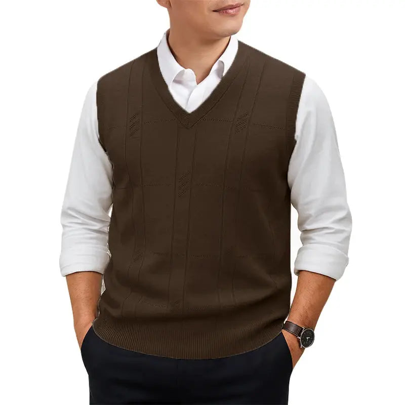 Men's brown sleeveless V-neck knit sweater vest, lightweight solid vest worn over white shirt.