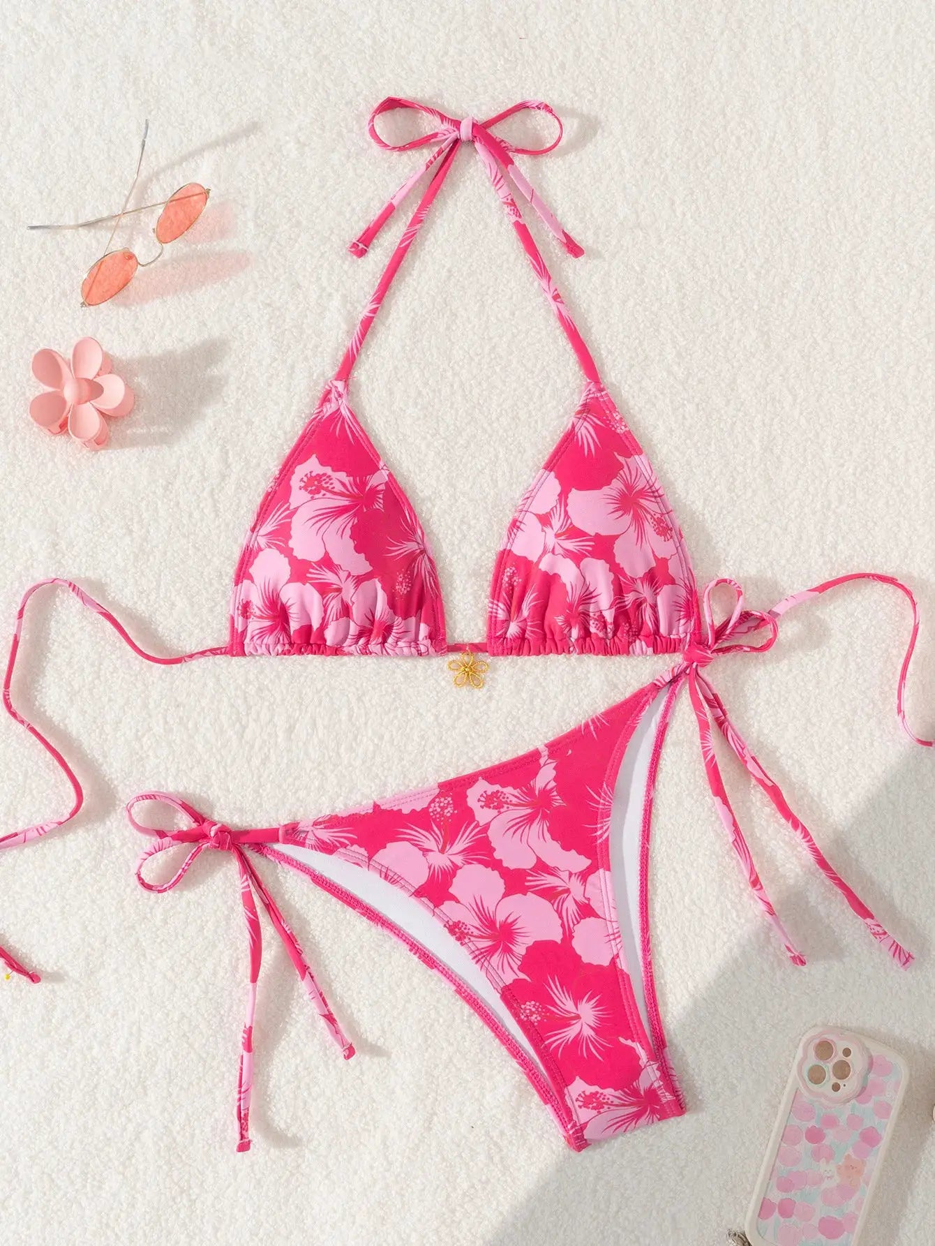 Triangle bikini set by Simples Market in pink floral print with push-up top and Brazilian bottoms.