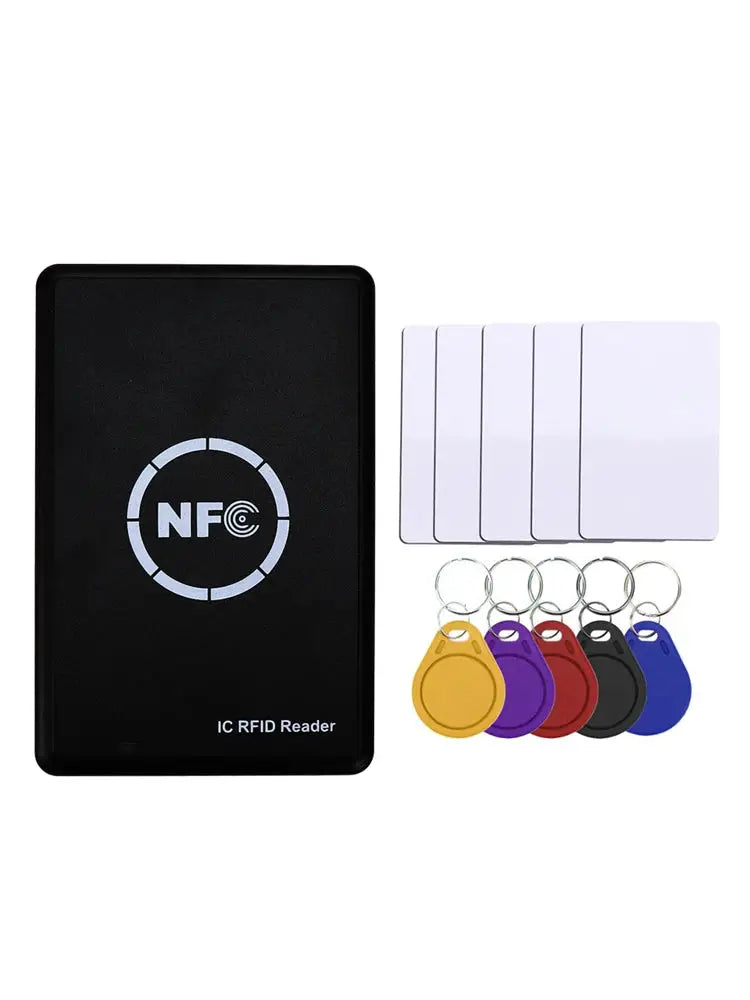 RFID card reader copier with 5 white blank cards and 6 colorful keyfobs.