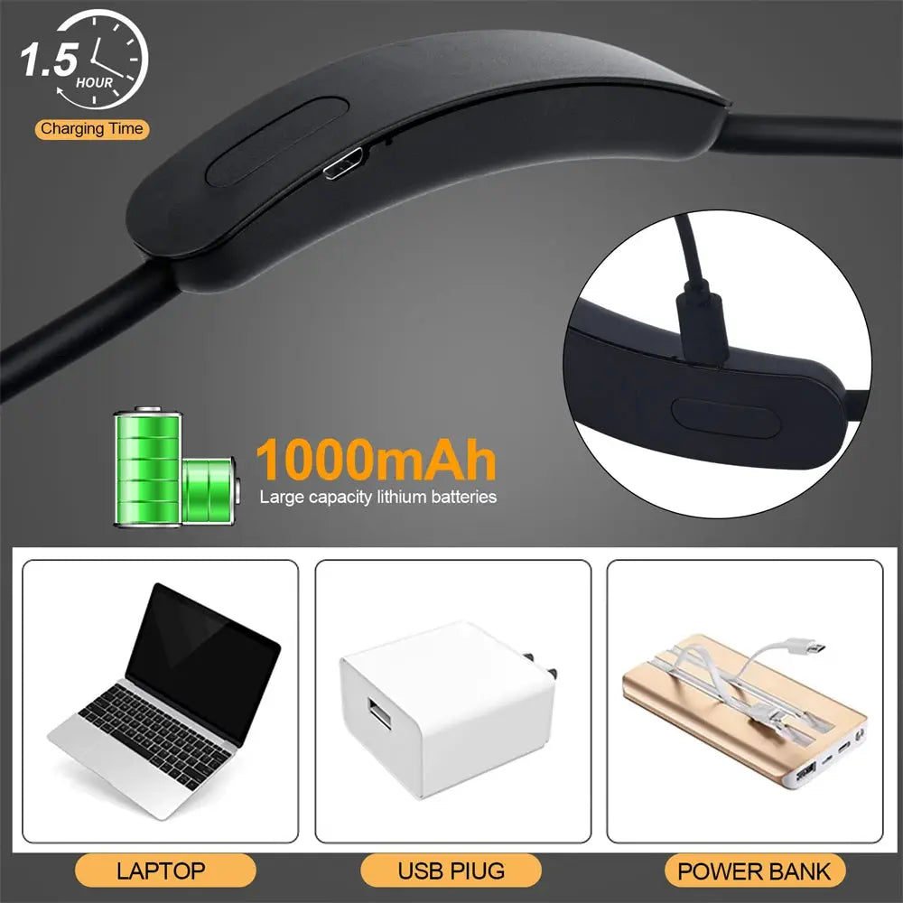 LED reading neck light USB rechargeable book lamp with 360° flexible arm and 1000mAh battery, black