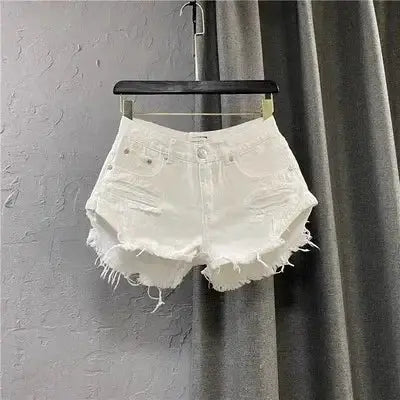 White denim shorts for women with zipper, distressed frayed hem and vintage streetwear vibe