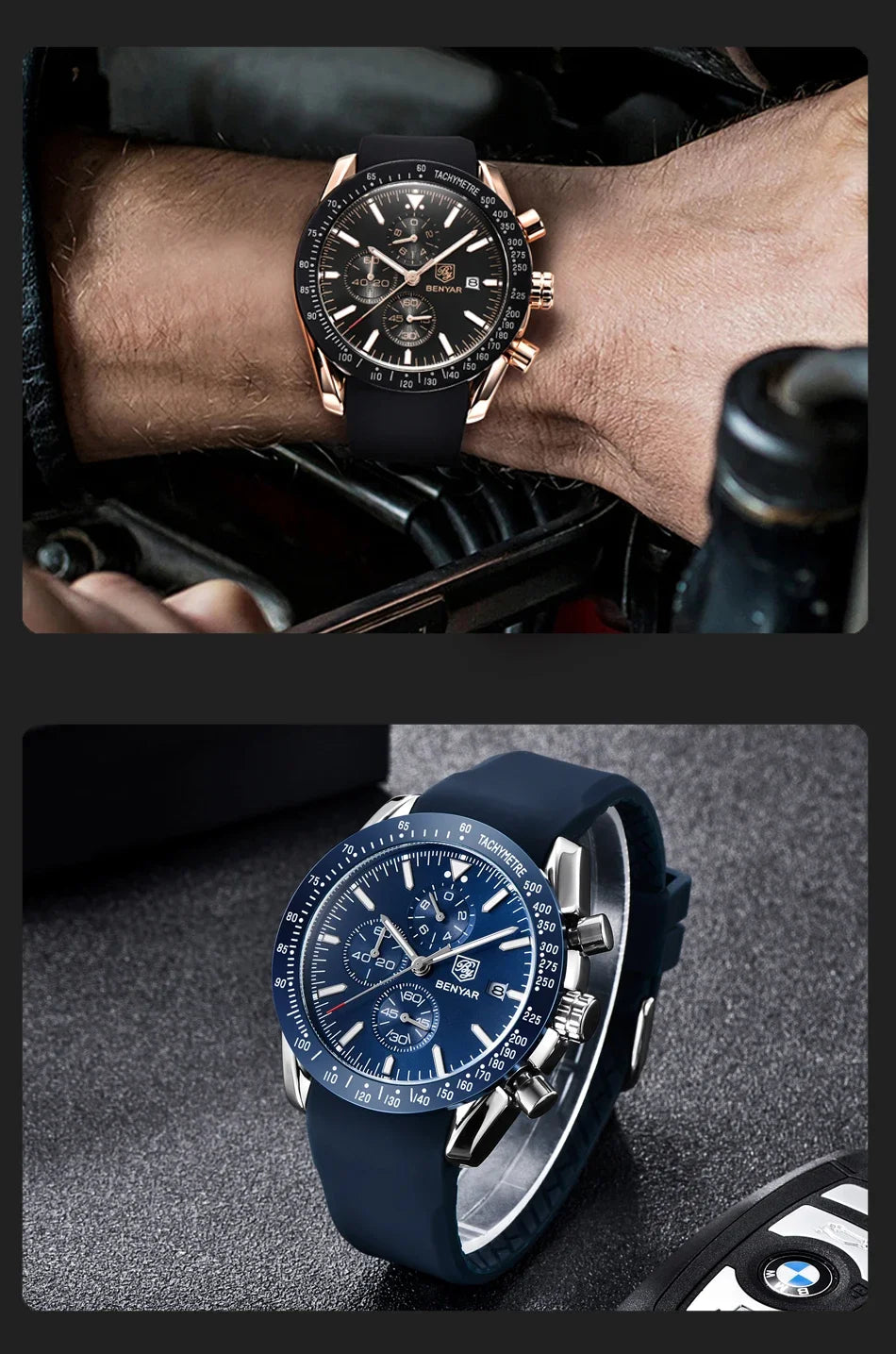 2 BENYAR men's watches: black dial with rose-gold case and black strap, plus blue dial with blue strap
