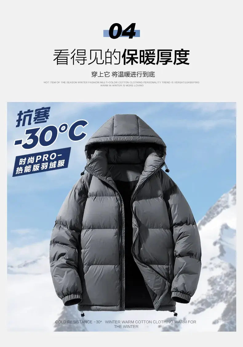 Gray hooded men's down jacket, 90% white duck down, winter puffer coat, sizes M-4XL