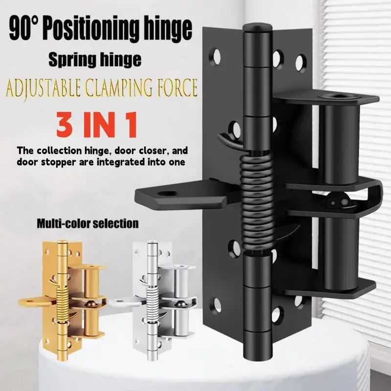 3-in-1 automatic self-closing door hinge set; Simples Market, 90° positioning, black, gold, and silver finishes
