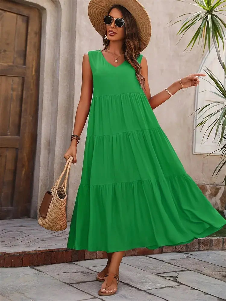 Elegant Summer Dress For Women Loose A Line Midi With V Neck Casual Sophistication In Yellow And Black