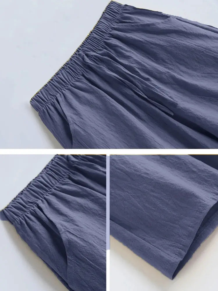 Women's navy linen shorts with elastic waistband for casual gym wear