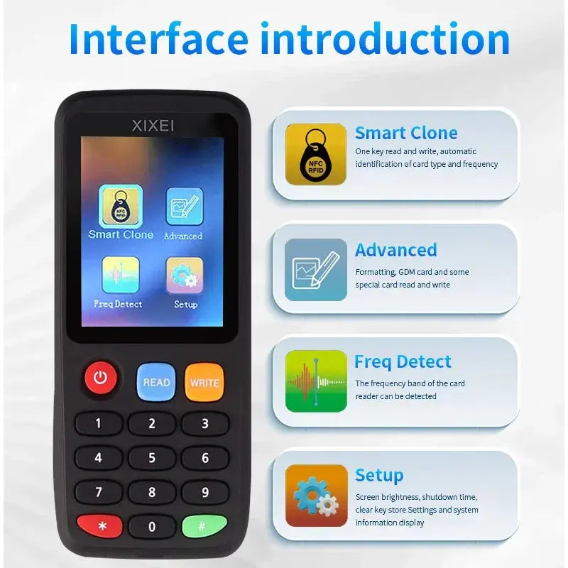 X7 handheld RFID smart card reader with black body and blue READ, orange WRITE buttons