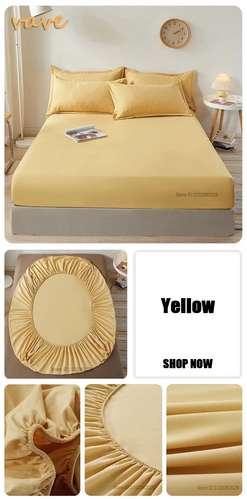 Full-size cotton fitted sheet with elastic bands in yellow on a bed