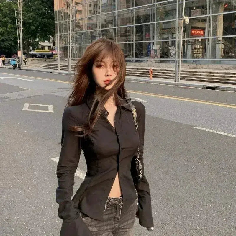 Sexy slim flared-sleeve blouse, black with lapel, single-breasted back bandage tunic on model