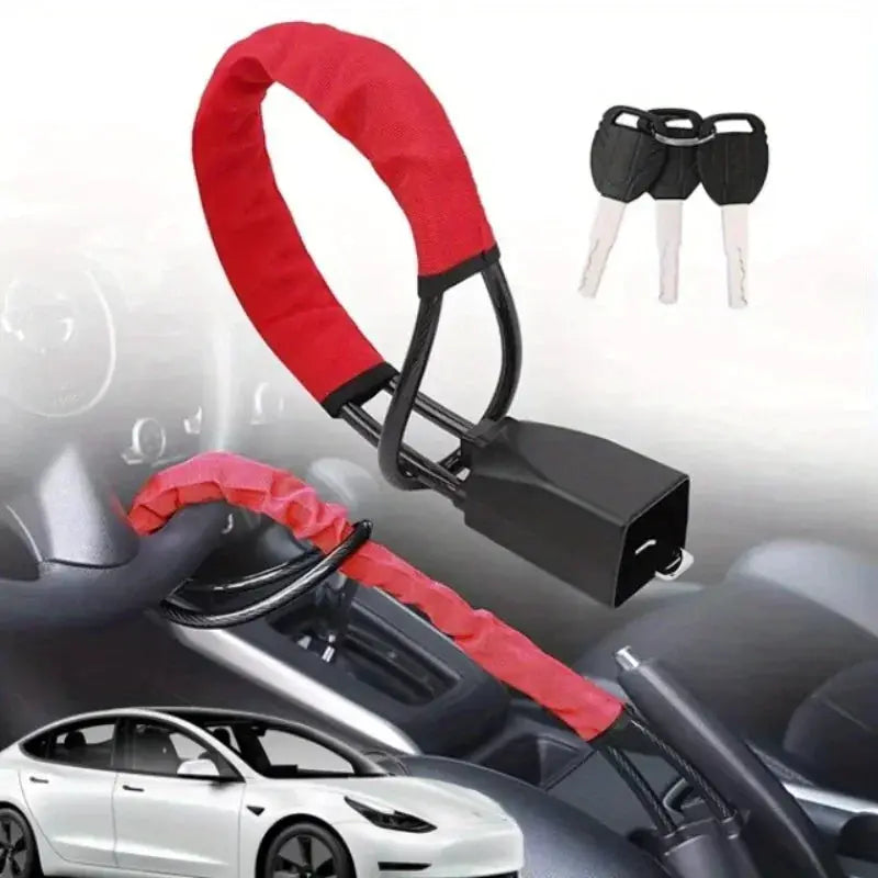 Car steering wheel lock by Simples Market with red padded steel cable and black lock; includes 3 keys.
