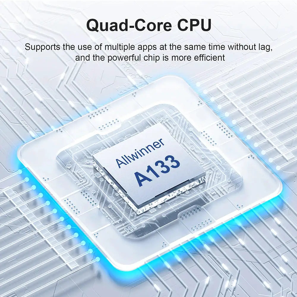 Android 13 TV box with CarPlay/Android Auto, built-in Play Store and Wi‑Fi; Allwinner A133 quad‑core CPU, Simples Market