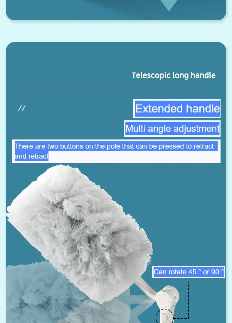 Simples Market extended pole dust collector with microfiber head, telescopic long handle, adjustable 45°/90° rotation.