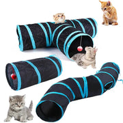 Simples Market 3-piece Cat Tunnel Play Set, foldable black fabric with blue trim for indoor cats