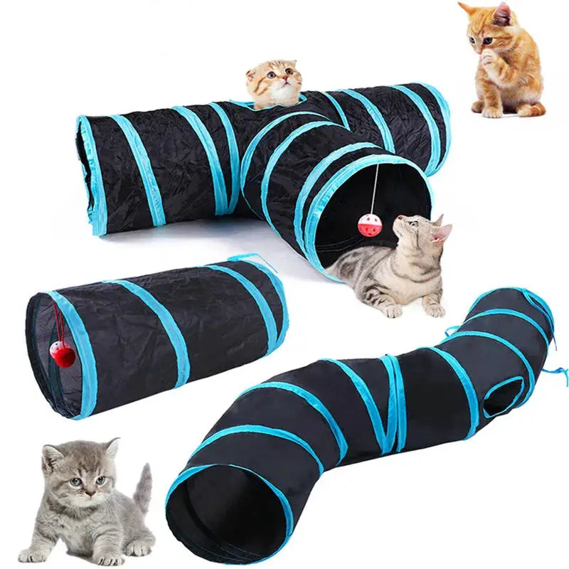 Simples Market 3-piece Cat Tunnel Play Set, foldable black fabric with blue trim for indoor cats