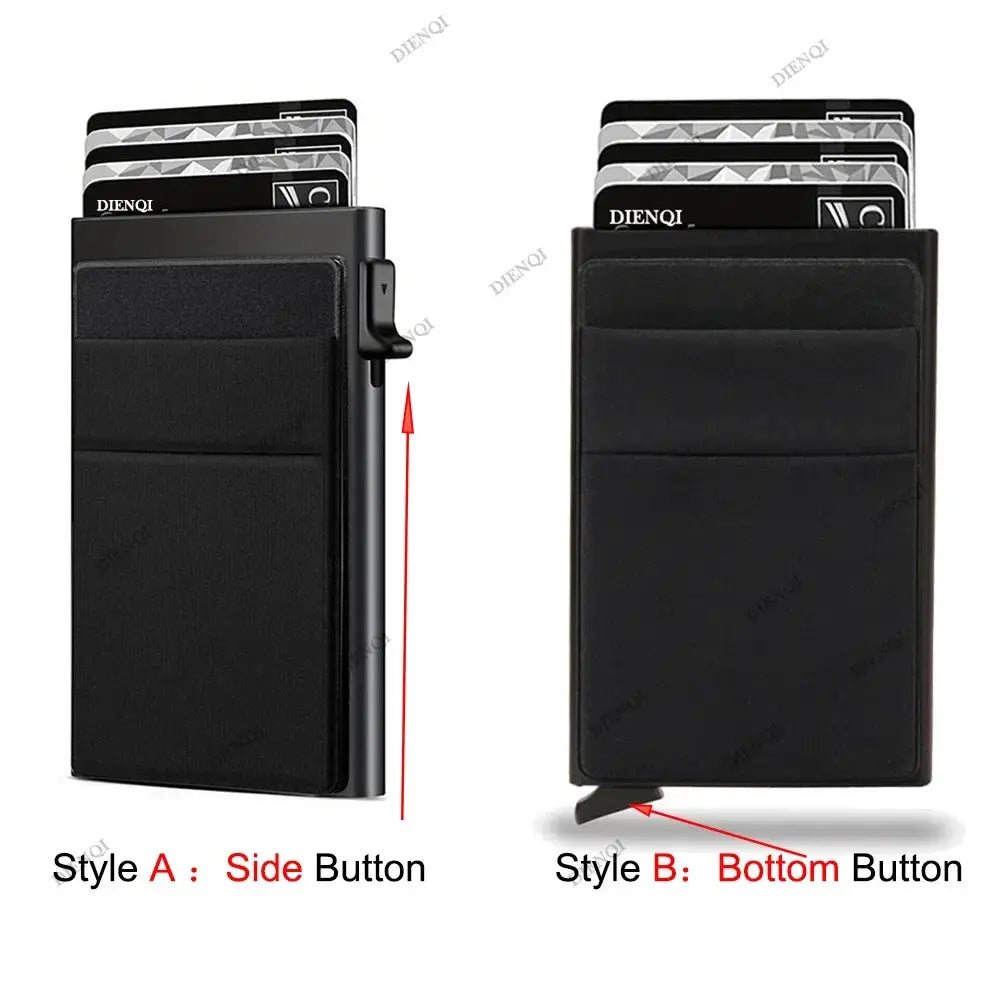 RFID credit card holder for men in black metal minimalist wallet; two styles shown.