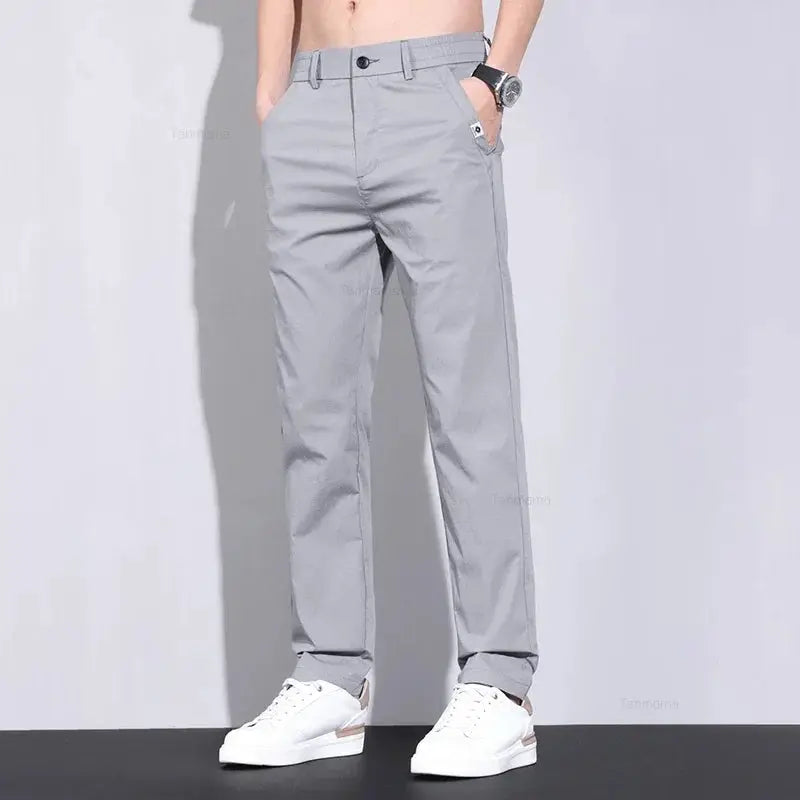 Men's ultra-thin casual pants in light gray ice-silk cotton blend, slim straight fit