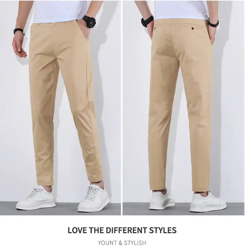 HIQOR Man Pants beige cotton casual long trousers, breathable summer wear