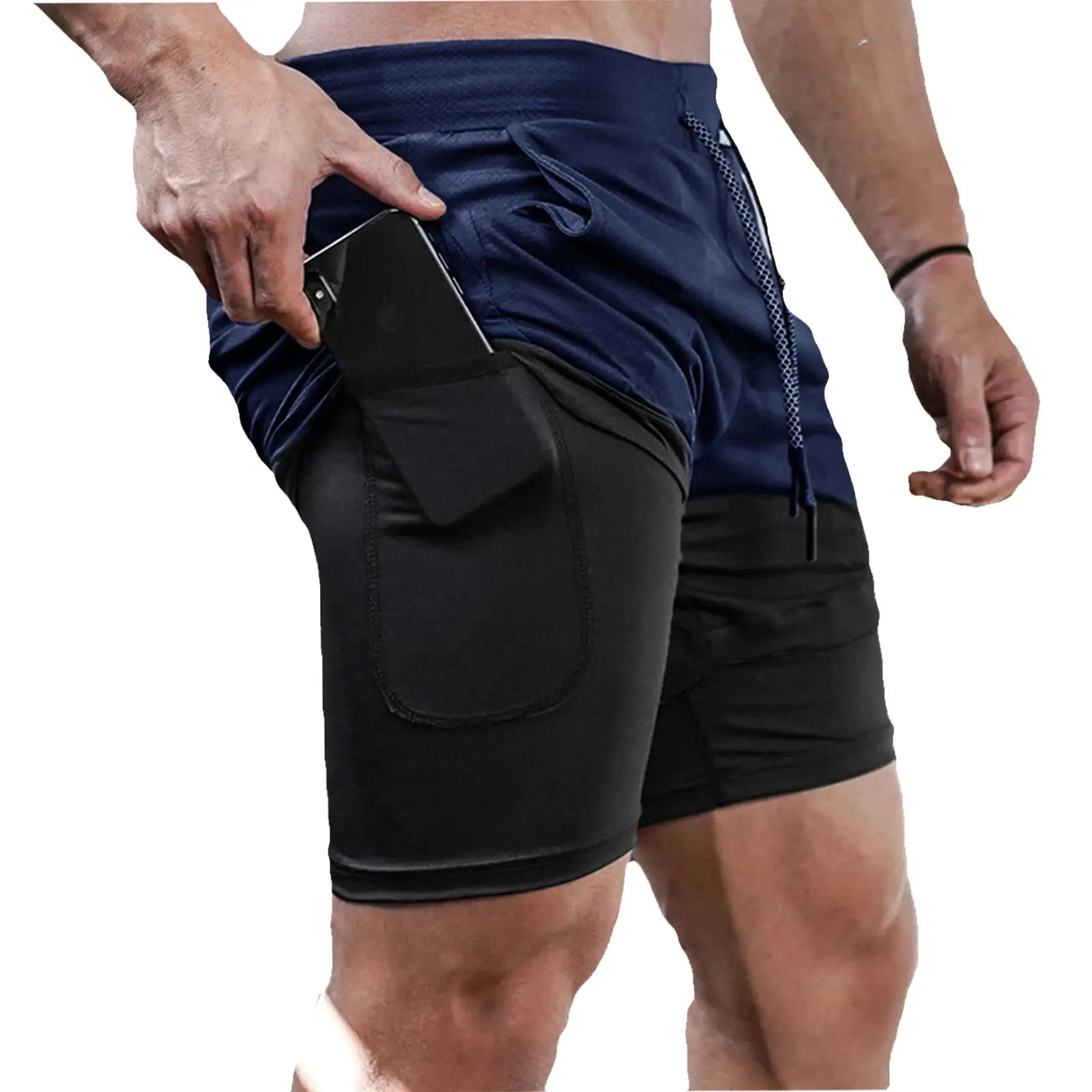 Men's 2-in-1 quick-dry gym shorts with navy outer shell and black inner liner, phone tucked in side pocket.