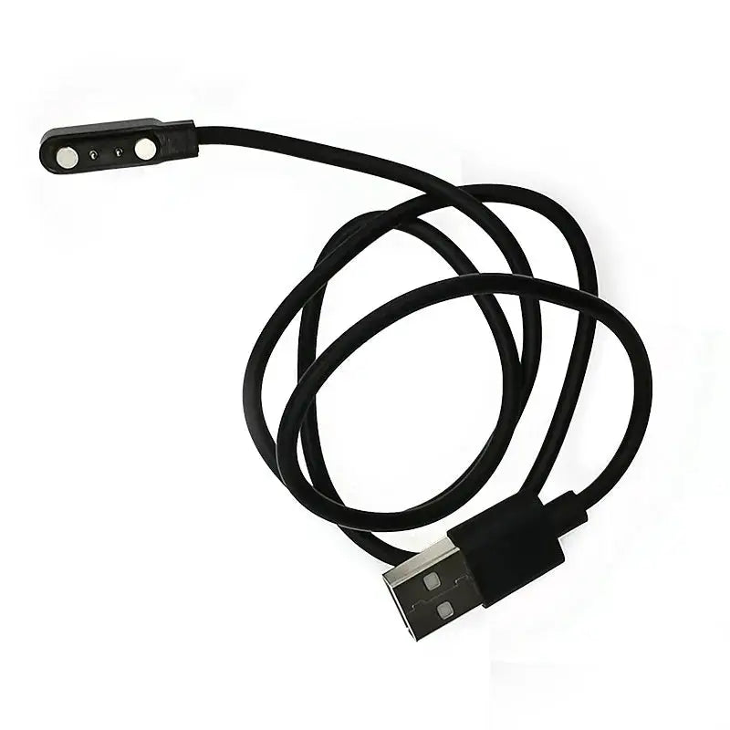 Black USB smartwatch charging cable with USB-A plug and magnetic two-pin dock connector