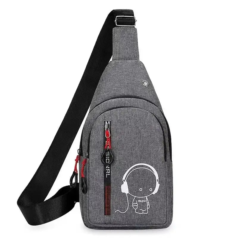 Men's gray chest bag with black crossbody strap, front pockets, red zipper pulls, and headphone print