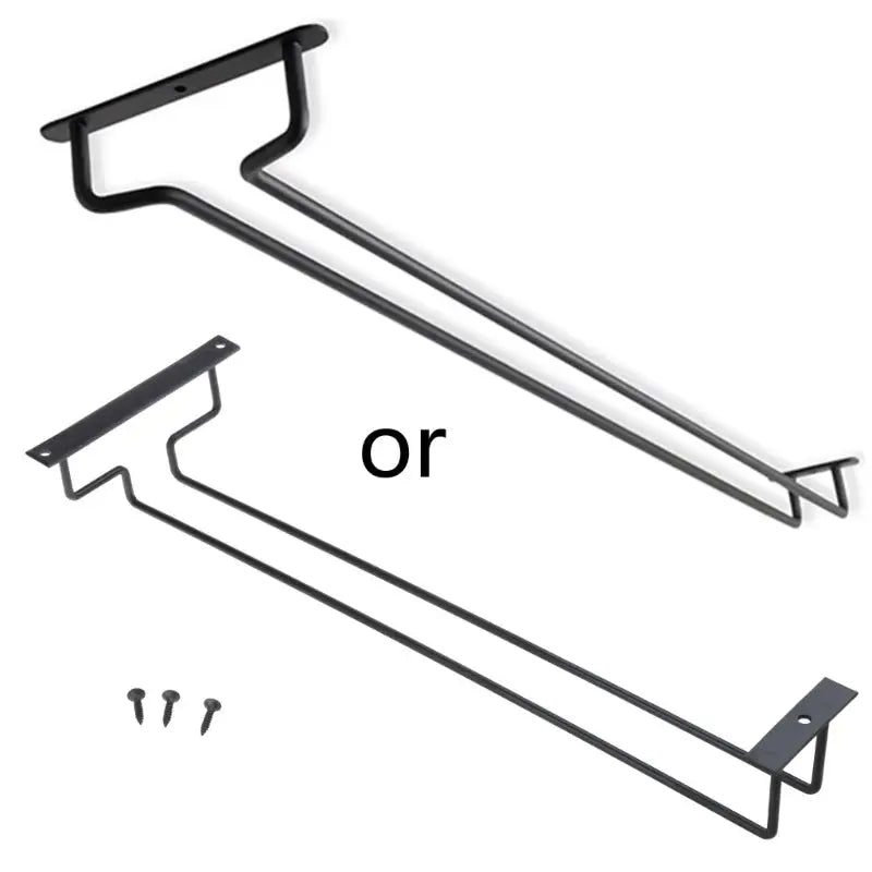 Large black metal stemware wine glass hanger rack for under-cabinet storage; two racks shown with screws.
