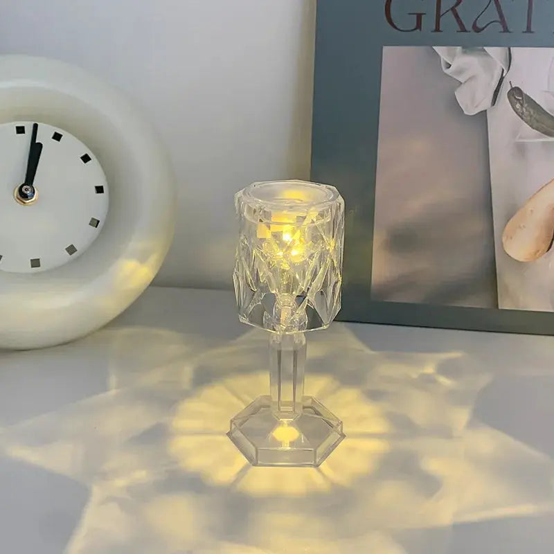 Mini crystal table lamp with clear faceted body and hexagonal base; battery-powered LED night light.