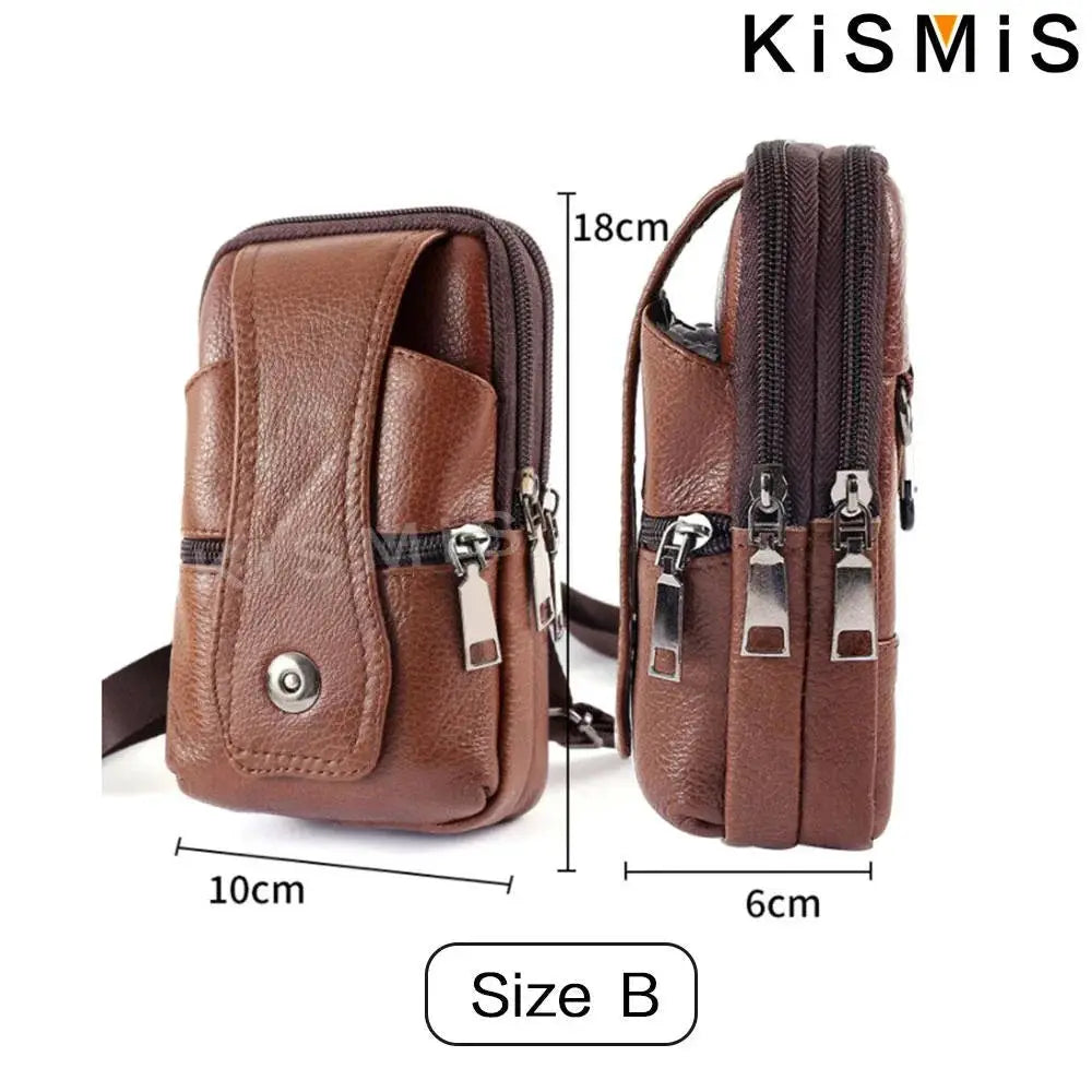 KiSMiS brown leather waist bag with multiple zip pockets and a shoulder strap, large capacity, Simples Market.