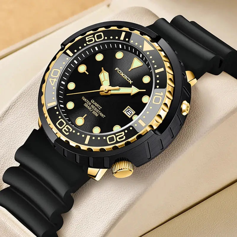 Foxbox men's diver watch, black dial with gold bezel, rubber strap, date window, water resistant