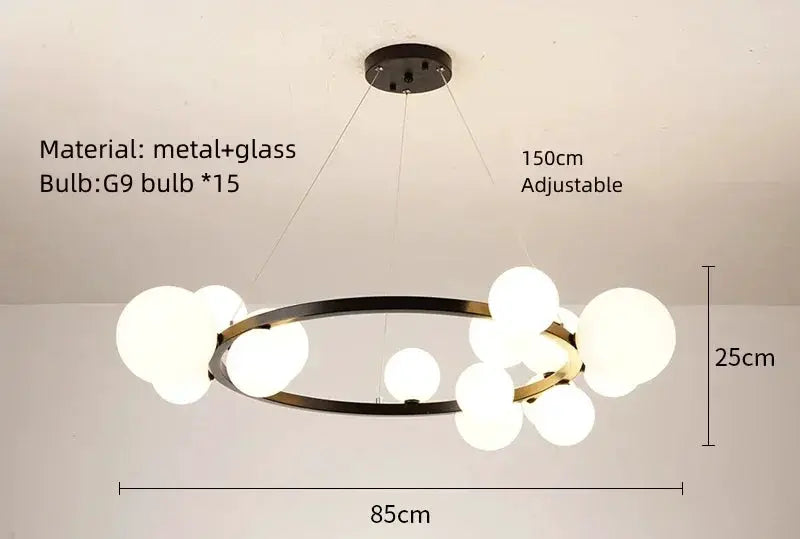 Simple chandeliers indoor lighting for living and dining rooms; metal+glass ring, 15 G9 bulbs, 150cm adjustable cord