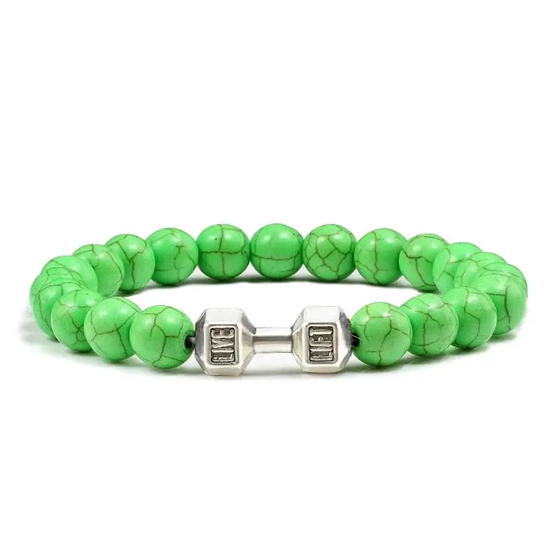 Natural Volcanic Stone Bracelet For Men And Women Matte Black Lava White Beads Dumbbell Charm Strand Fitness Jewelry