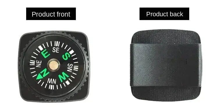 Small outdoor compass with black square case and green directional dial, strap included