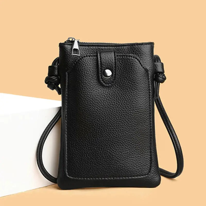 PU leather diagonal crossbody bag in black with double-layer buckle and slim phone-wallet size, with shoulder strap