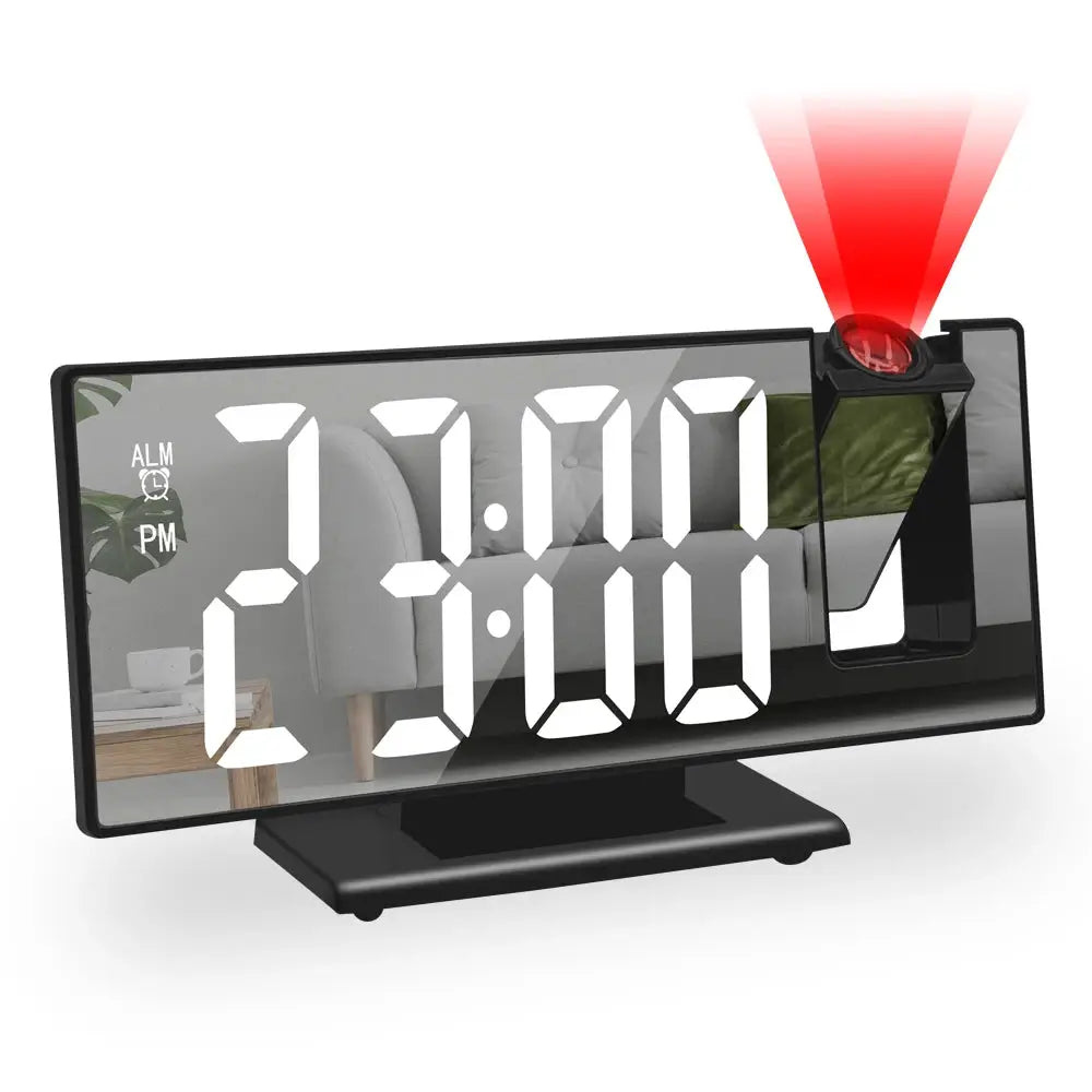 USB-powered digital alarm clock with 180° projection arm and red projector beam, mirror-style LED display