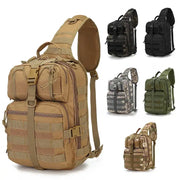 Simples Market tactical sling bag; small crossbody Molle daypack in tan, shown with six color variants.